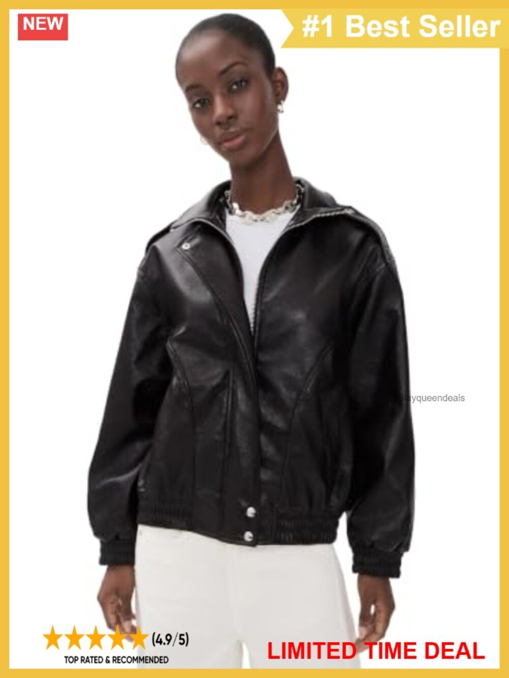 Faux Leather Bomber Jacket Funnel Neck Zip Snap Casual